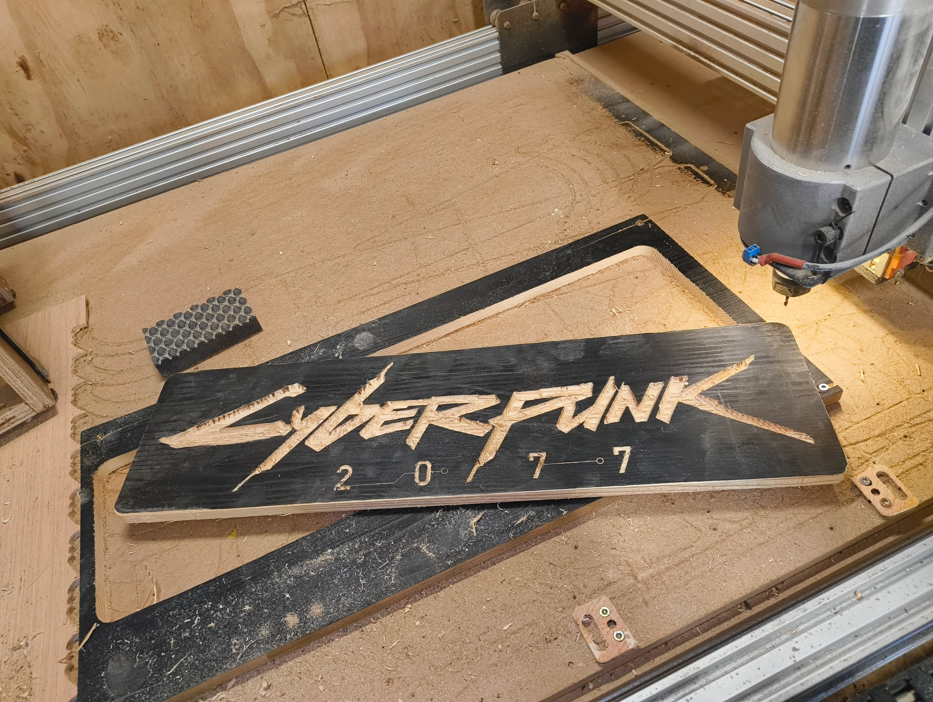 Cyberpunk 2077 sign CNC-milled on home CNC machine